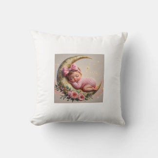 Sleeping Baby Girl on Golden Moon Cushion | Pink F