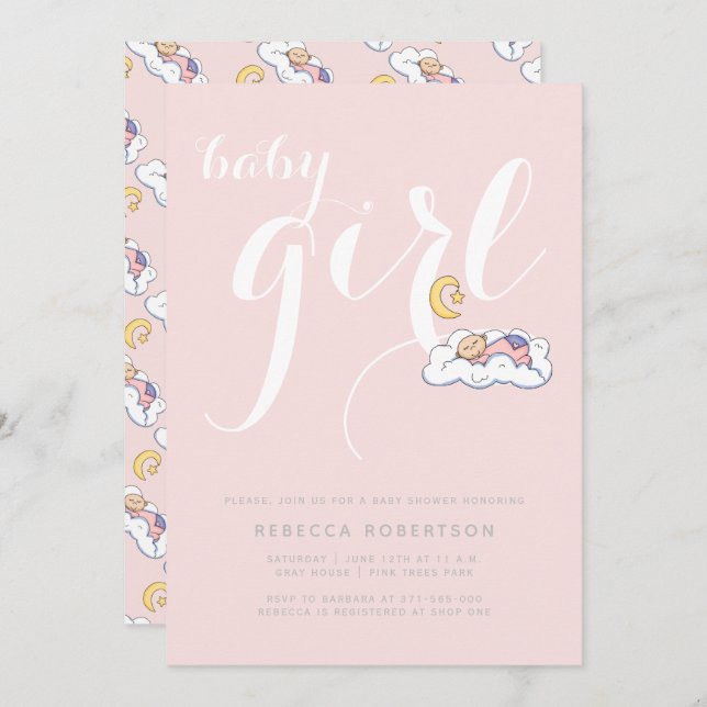 Sleeping baby girl shower blush pink  typography invitation (Front/Back)