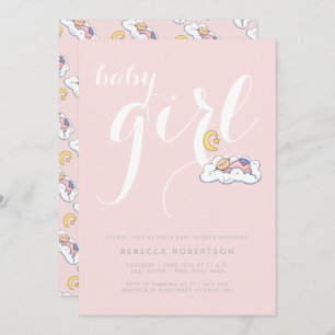 Sleeping baby girl shower blush pink  typography invitation
