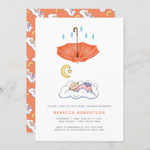 Sleeping baby girl shower coral umbrella invitation