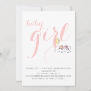 Sleeping baby girl shower elegant text pink invitation