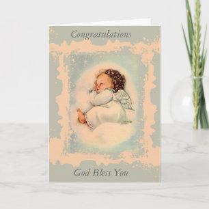 Sleeping Baby Guardian Angel Blue Peach Card