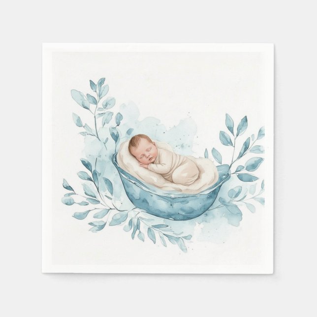 Sleeping Baby in Blue Cradle Napkin (Front)