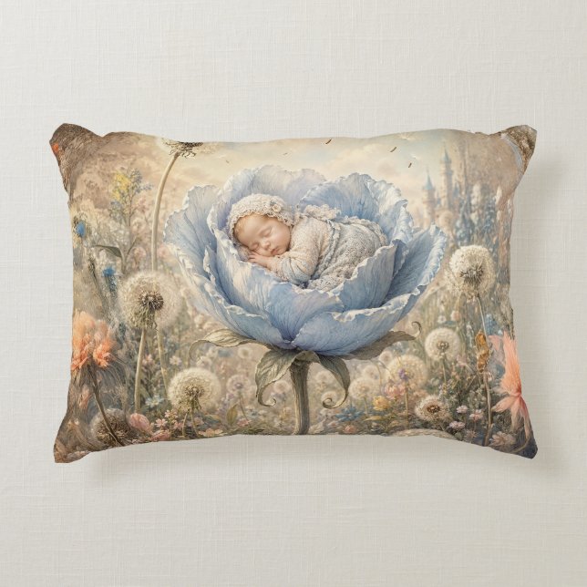 Sleeping baby in blue flower  decorative cushion (Front)
