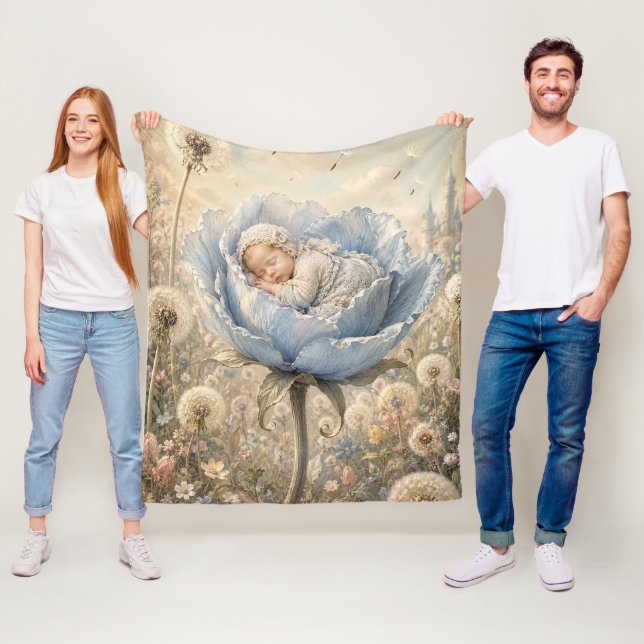 Sleeping baby in blue flower  fleece blanket (In Situ)