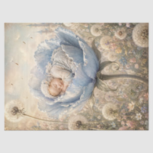 Sleeping baby in blue flower with dandelions tissue paper