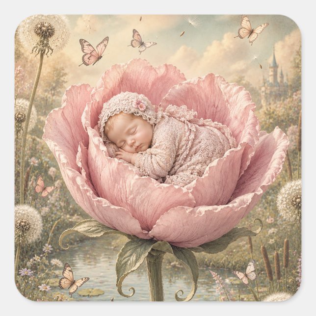 Sleeping baby in pink flower  square sticker (Front)