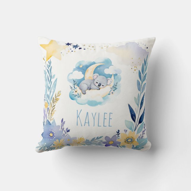 Sleeping Baby Koala Boho Name Nursery Pillow (Back)