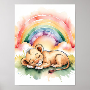 Sleeping Baby Lion Under a Rainbow - Watercolor  Poster