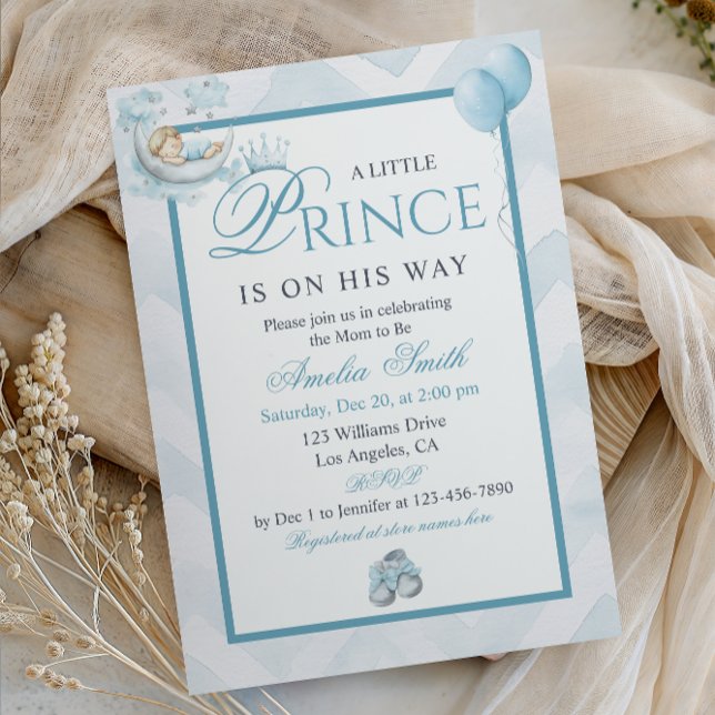 Sleeping Baby On Moon Blue Watercolor Baby Shower Invitation (Creator Uploaded)