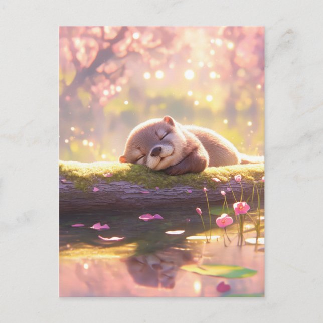 Sleeping Baby Otter on Mossy River Log Postcard (Front)