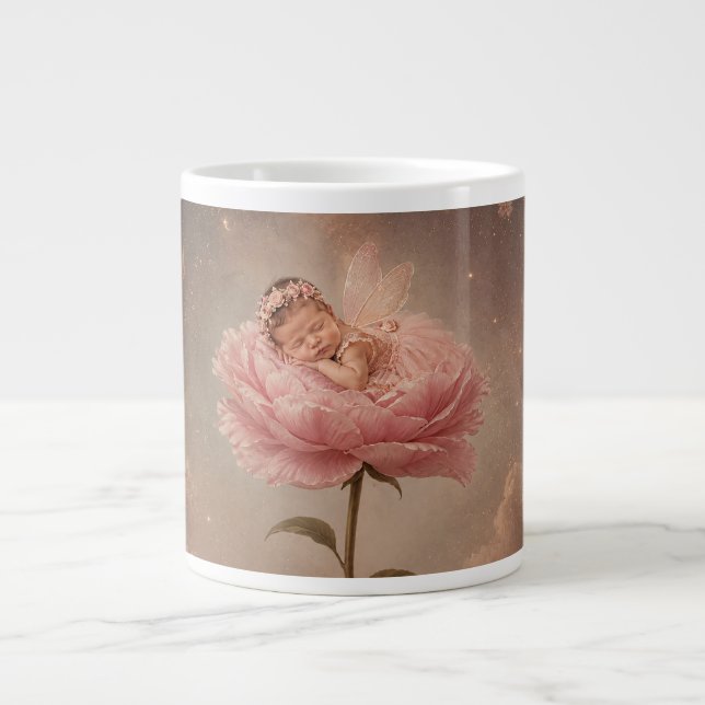Sleeping baby pink flower large coffee mug (Front)