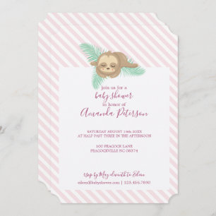 Sleeping Baby Sloth Pink Stripes Baby Shower Invitation