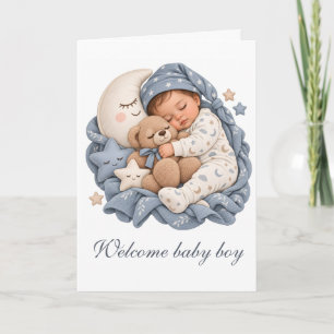 Sleeping Baby Teddy Bear & Crescent Moon Blue Card
