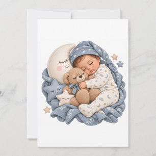 Sleeping Baby Teddy Bear & Crescent Moon Blue  Invitation