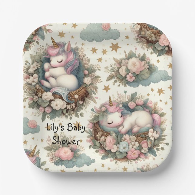 Sleeping Baby Unicorn Paper Plate for Baby Shower (Front)
