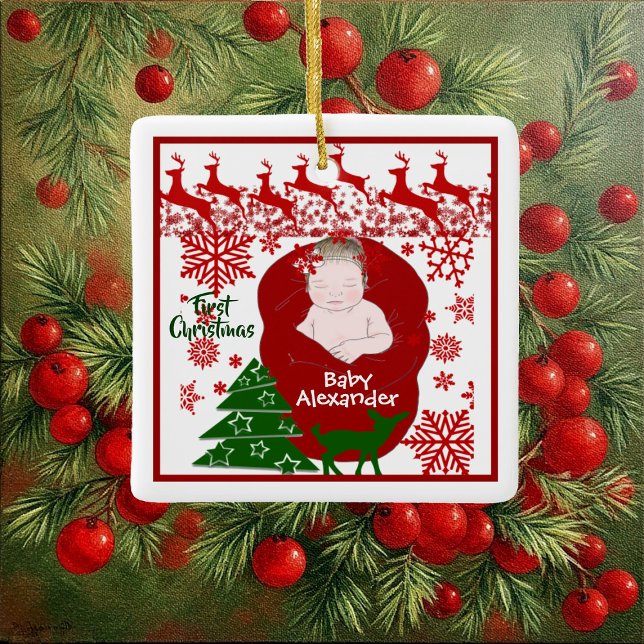 Sleeping Baby's First Christmas Reindeers Custom Ceramic Ornament (Sleeping Baby's First Christmas Reindeers Custom Ceramic Ornament)