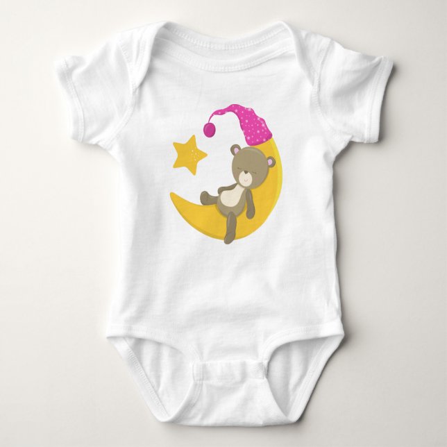 Sleeping Bear, Bear On The Moon, Cute Bear Baby Bodysuit (Front)