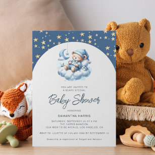 Sleeping bear cloud & stars blue boy baby shower invitation