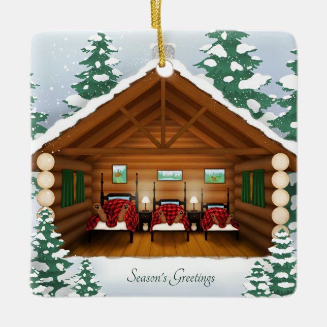 Sleeping Bear Family Woodland Cabin Personalised Ceramic Ornament (Front)