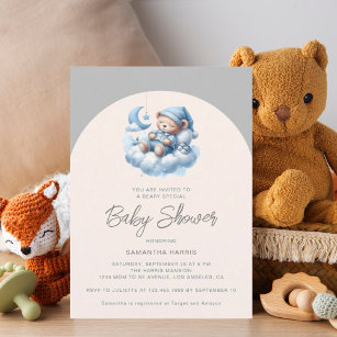 Sleeping bear on cloud blue & grey boy baby shower invitation