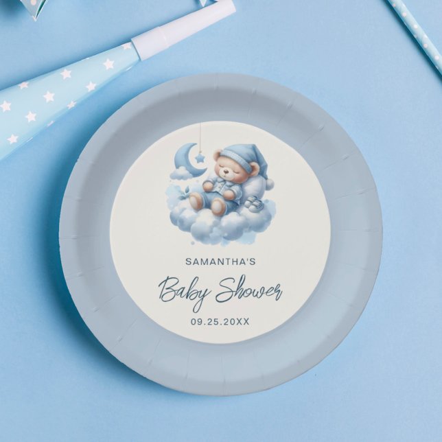 Sleeping bear on cloud dusty blue boy baby shower paper plate (Creator Uploaded)