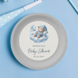 Sleeping bear on cloud grey & blue boy baby shower paper plate<br><div class="desc">Celebrate the arrival of your little one with this charming paper plate featuring a watercolor baby bear peacefully sleeping on a cloud. The cute illustration is encased in a circular frame,  surrounded by a serene light grey backdrop. Perfect for adding a touch of whimsy to your baby shower party</div>