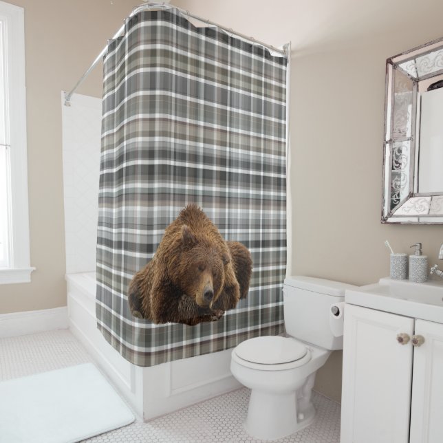 Sleeping Bear Rustic Neutral plaid Cabin Farmhouse Shower Curtain (In Situ)
