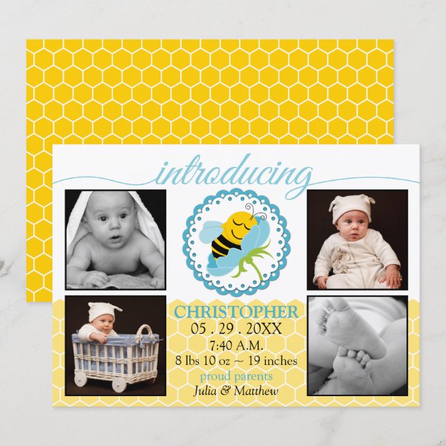 Sleeping Bee Baby Boy Photo Birth Announcement (Front/Back)