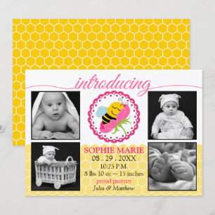 Sleeping Bee Baby Girl Photo Birth Announcement