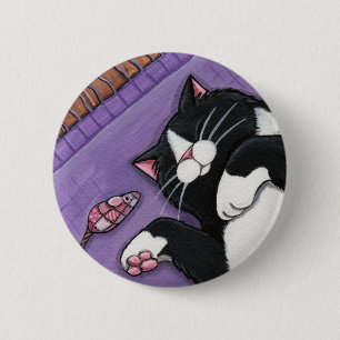 Sleeping Black Cat and Toy Mouse - Cat Art Button