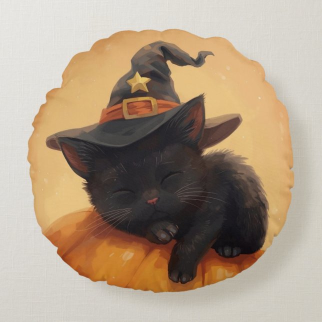 Sleeping Black Cat Halloween Round Pillow (Front)