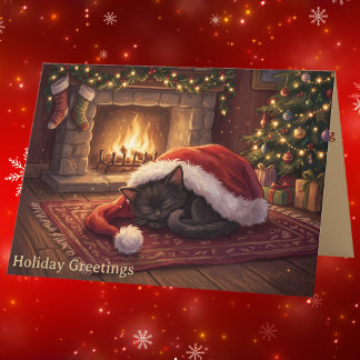 Sleeping Black Cat Santa Kitten Christmas Folded Holiday Card