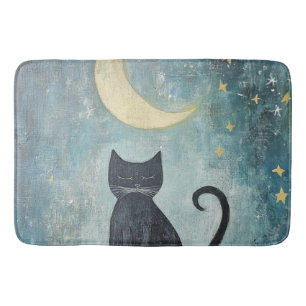 Sleeping Black Cat with Crescent Moon and Stars Bath Mat