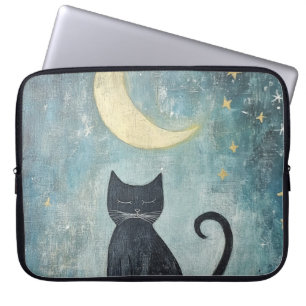 Sleeping Black Cat with Crescent Moon and Stars Laptop Sleeve