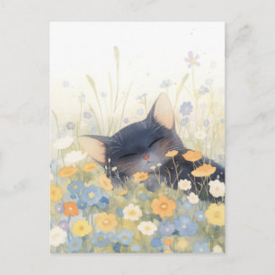 Sleeping Black Kitten in Wildflower Meadow Postcard