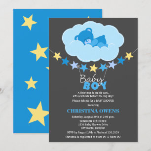 Sleeping Blue Boy Teddy Bear in Cloud Baby Shower Invitation