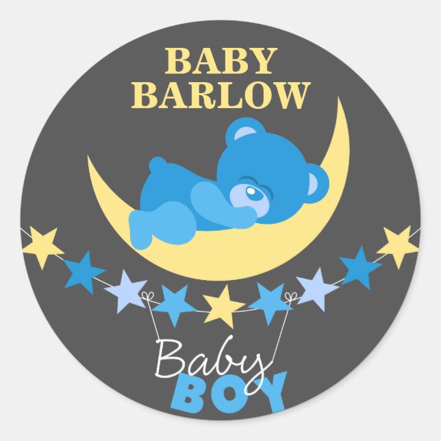 Sleeping Blue Boy Teddy Bear On Moon Baby Shower Classic Round Sticker (Front)