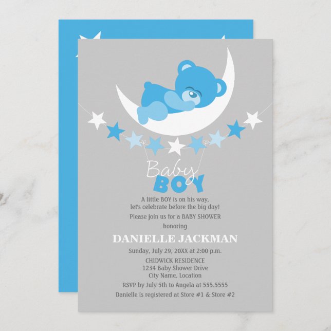 Sleeping Blue Boy Teddy Bear on Moon Baby Shower Invitation (Front/Back)
