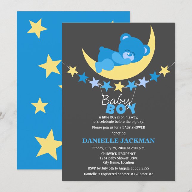 Sleeping Blue Boy Teddy Bear on Moon Baby Shower Invitation (Front/Back)