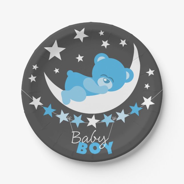 Sleeping Blue Boy Teddy Bear On Moon Baby Shower Paper Plate (Front)