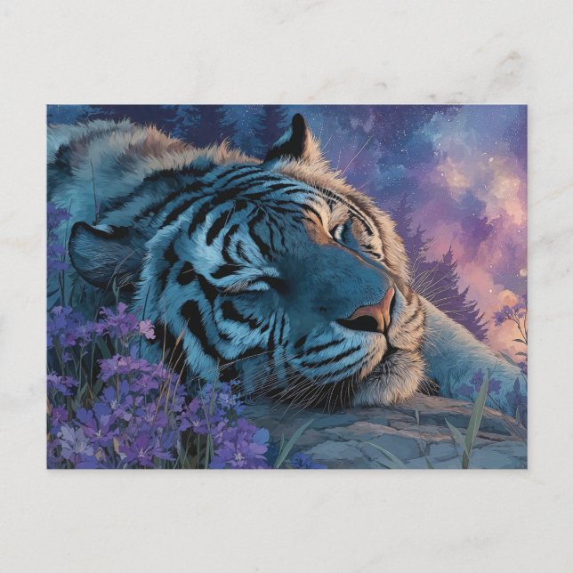 Sleeping Blue Tiger Under Starry Galaxy Sky Postcard (Front)