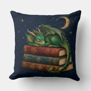 Sleeping Book Dragon Under a Crescent Moon Cushion