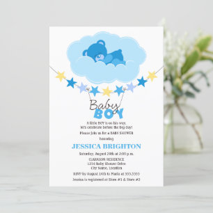 Sleeping Boy Teddy Bear in Cloud Baby Shower Invitation