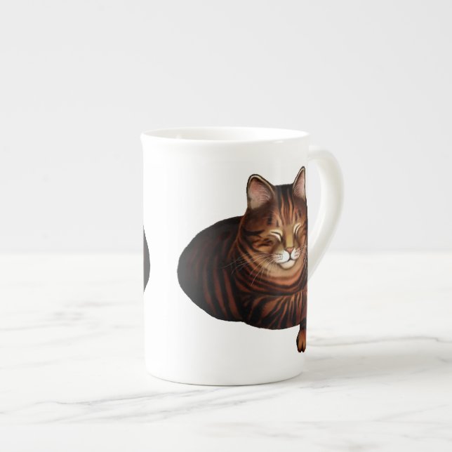 Sleeping Brown Tabby Cat Bone China Mug (Front Right)