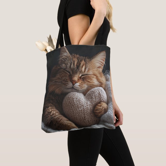 SLEEPING BROWN TABBY CAT WITH HEART SHAPED PILLOW TOTE BAG (Close Up)