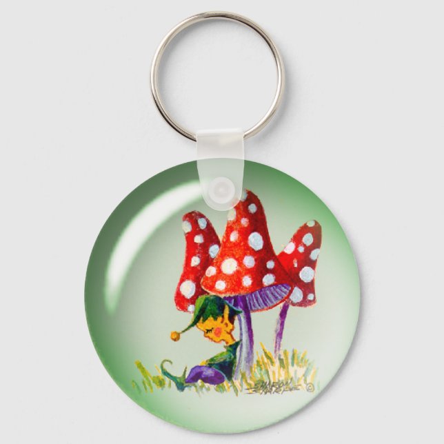 SLEEPING BUBBLE ELF & MUSHROOMS by SHARON SHARPE Key Ring (Front)