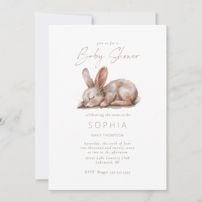 Sleeping Bunny Baby Shower Neutral Colours Invitation (Front)