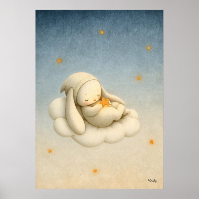 Sleeping Bunny Cloud Nursery Baby Illustration Poster (Front)