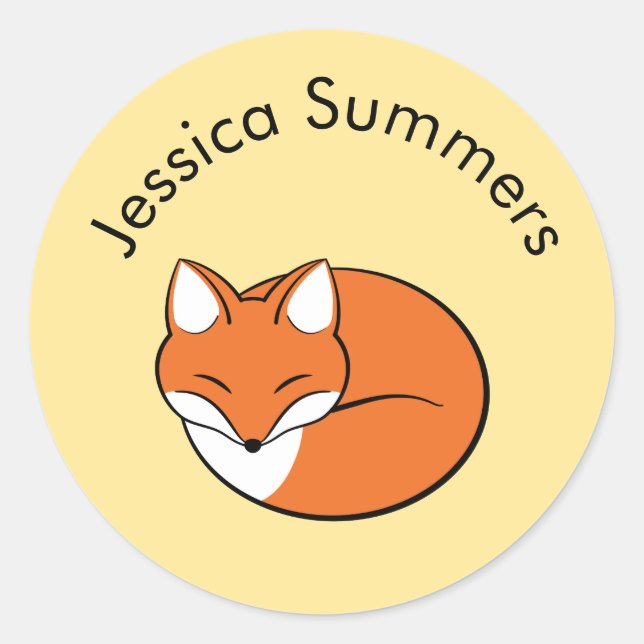 Sleeping Cartoon Fox Custom Message on Yellow Classic Round Sticker (Front)